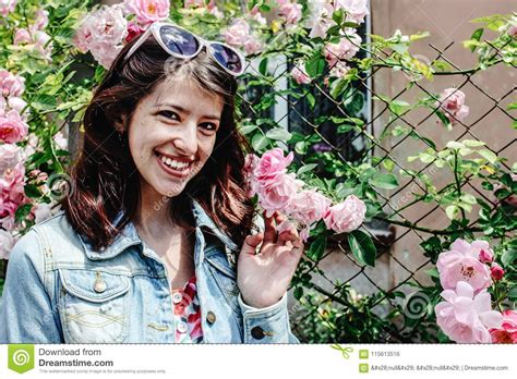 Stylish Brunette Beautiful Woman Smiling In Floral Dress And Retro