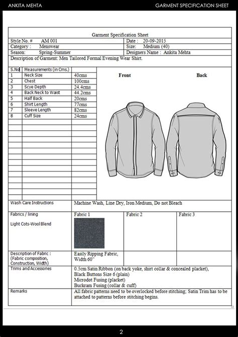 Menswear Formal Shirt Garment Specification Sheet Shirt Sewing Pattern