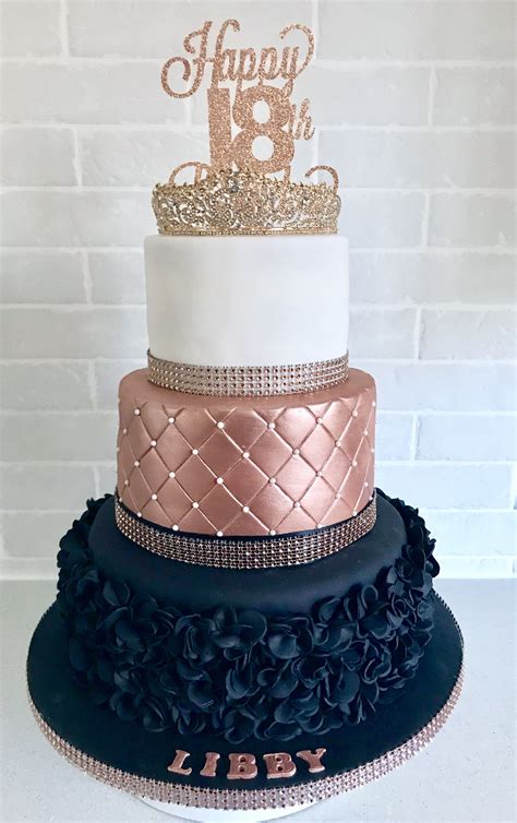 Gorgeous Rose Gold And Black Ruffle Birthday Cake With A Rose Gold Tiara Detachable And