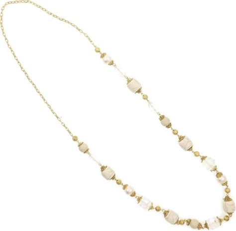 Behave Dames Lange Ketting Goud Kleur Met Witte Marmer Look Kralen 90 Cm Bol Com