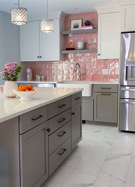 Pink Tile Backsplash Kitchen Pink Kitchen Pink And Grey Kitchen
