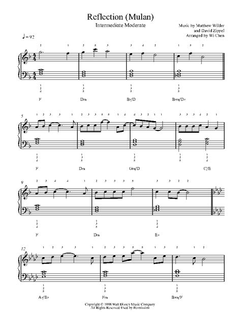 Reflection Mulan Theme By Christina Aguilera Piano Sheet