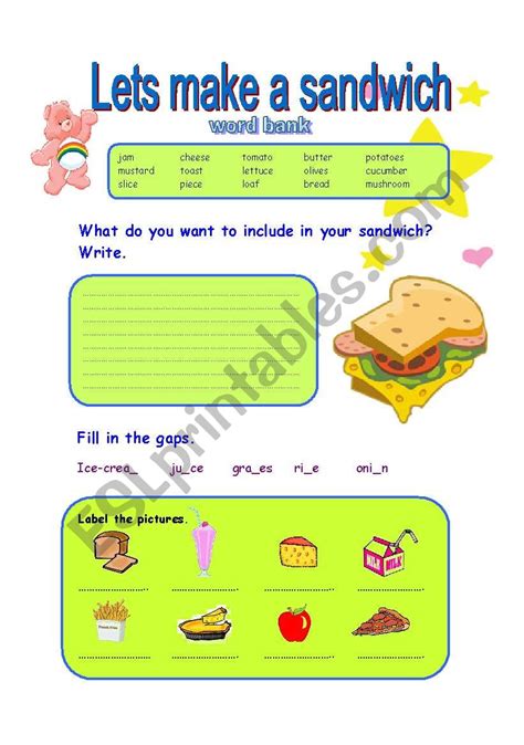 This worksheet is good for teaching reading and writing skills. Lets make a sandwich! - ESL worksheet by Azza_20