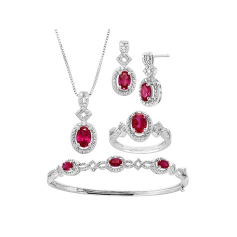 Womens 5 Ct Created Ruby Pendant Bracelet Earring And Ring Set With