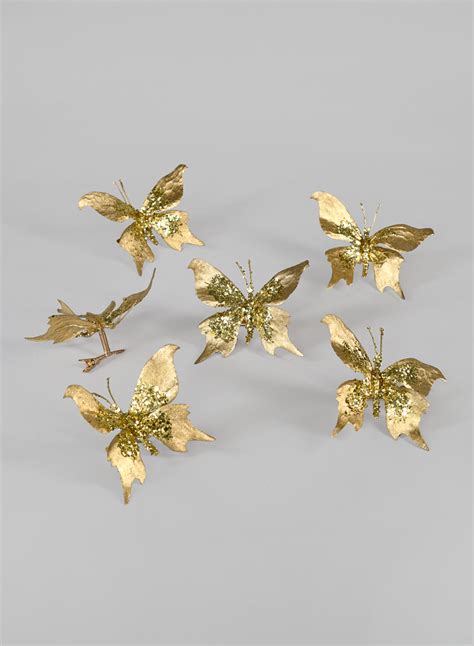 Gold Glitter Butterfly Ornament Set Of 6