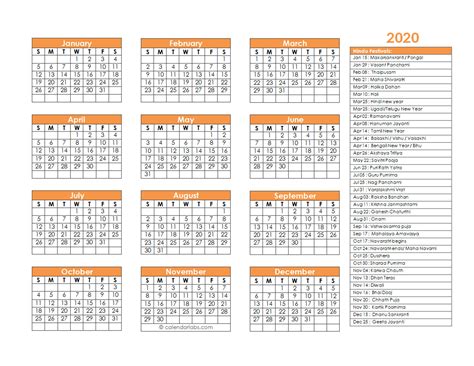 2020 Hindu Calendar With Tithi Festivals Holidays