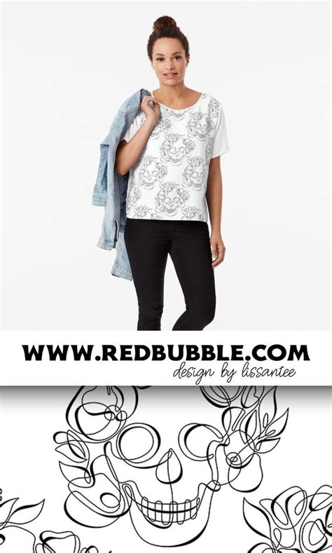 Minimalistic Continuous Line Skull With Poppies Chiffon Top By