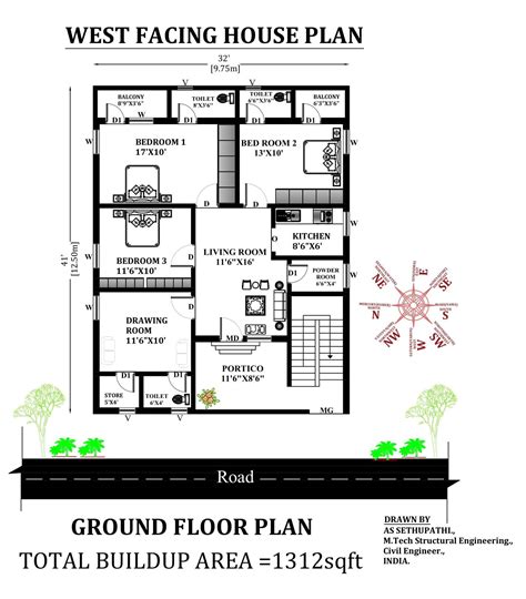 32x41 West Facing 3bhk House Plan As Per Vastu Shastra Download