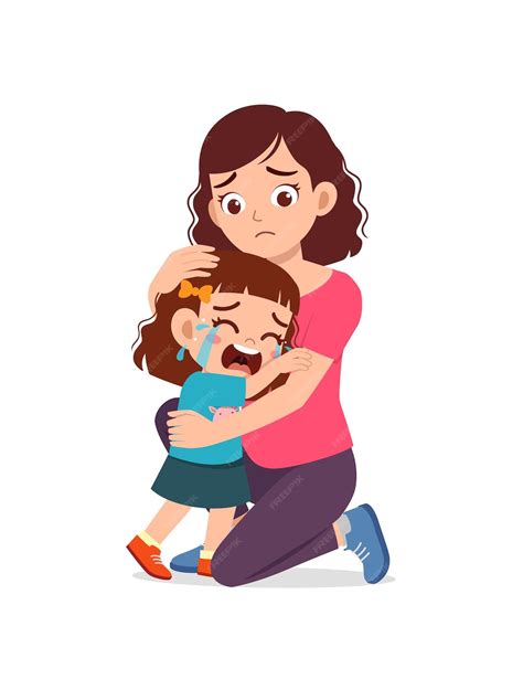 La Joven Madre Abraza A La Niña Llorando Y Trata De Consolarla Vector