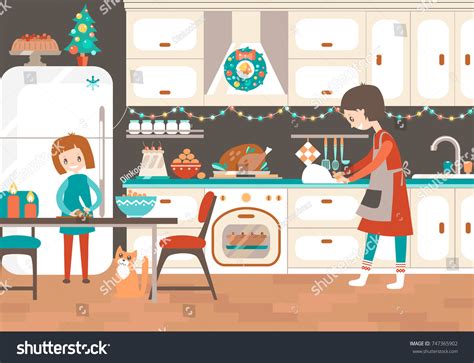 Mom Daughter Cooking Together Kitchen Christmas Stock Vector Royalty Free 747365902 Shutterstock