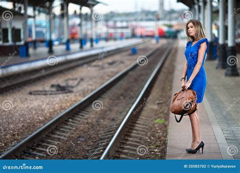 Lady Waiting Train On The Railway Station Stock Photography Image