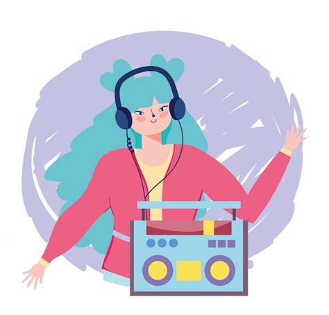 Chica Escuchando Música Con Auriculares Y Portátil Cartoon Icon