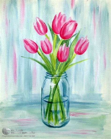 Tranh Vẽ Hoa Tulip đẹp Lãng Mạn Và Sang Trọng Sơn Dầu Cao Cấp Khung