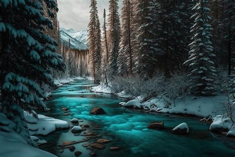Premium Ai Image A Turquoise River Running Through A Wintery Mountain