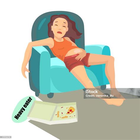 Glutton Girl In A Chair Fat Woman Eat Pizza Vector Illustration Stock