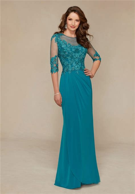 Sheath Illusion Neckline Long Teal Chiffon Lace Special Occasion Evening Dress With Sleeves