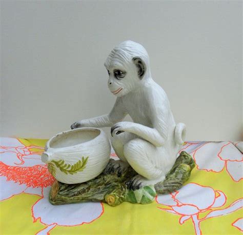 Ceramic Majolica Monkey Planter White Monkey With Basket Etsy