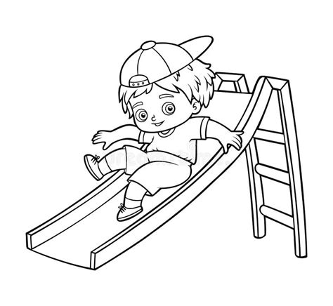 Coloring Book For Kids Boy Riding A Slide On The Playground Stock