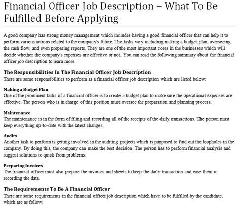 A chief financial officer, commonly known as a cfo, is a senior manager who oversees a businesses' financial department. Financial Officer Job Description - What To Be Fulfilled ...