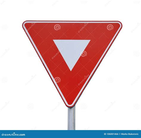Red Triangle Road Traffic Coordination Sign On Rod Isolated Stock Photo