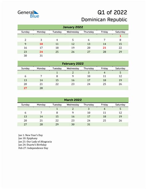 Q1 2022 Quarterly Calendar With Dominican Republic Holidays Pdf Excel