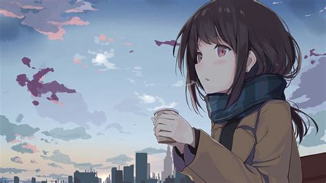 3840x2160 Resolution Anime Girl Holding Tea Outside 4k Wallpaper