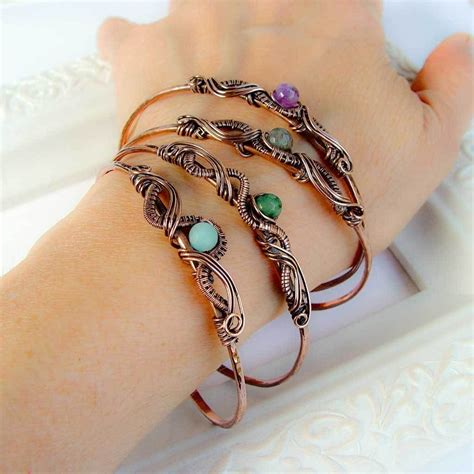 Natural Gemstone Copper Wire Wrapped Bracelet Copper Cuff Jade