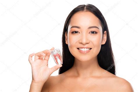 sonriendo desnudo asiático mujer holding diente modelo aislado en blanco