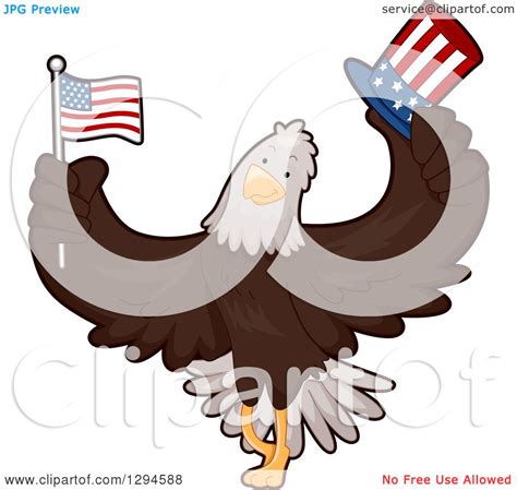 Clipart Of A Cartoon Patriotic Bald Eagle Holding An American Flag And