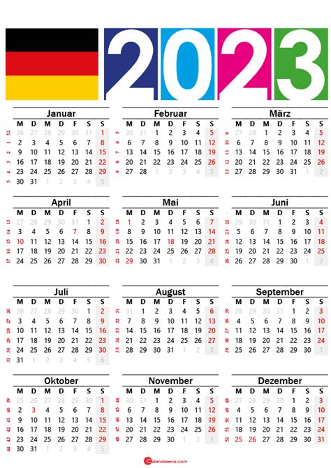 A German Calendar For The Year 2012 And 2013 With Colorful Numbers On