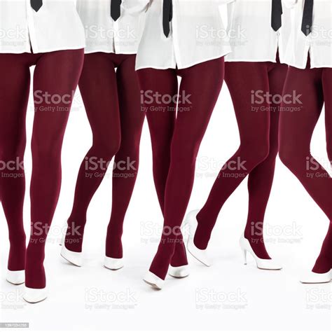Collage Of Women Legs With Burgundy Tights And White High Heel Shoes