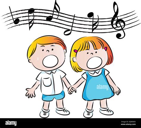 Vector De Dibujos Animados Niño Y Niña Cantar Canción Imagen Vector De