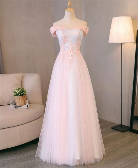 Light Pink Lace Off Shoulder Lonng Prom Dress Pink Evening Dress
