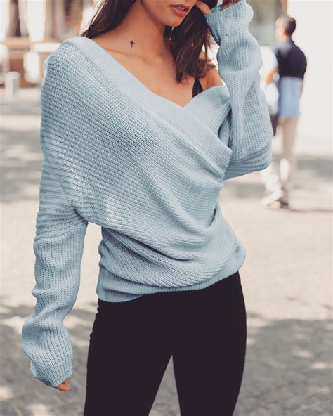Solid V Neck Wrap Casual Sweater Just Shop Casual Sweaters Fashion