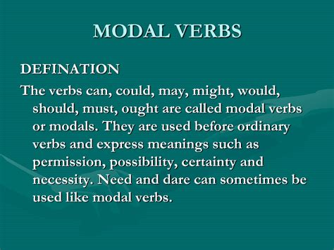 The modal verbs of english are a small class of auxiliary verbs used mostly to express modality (properties such as possibility, obligation, etc.). My English Pages Online: MODAL VERBS