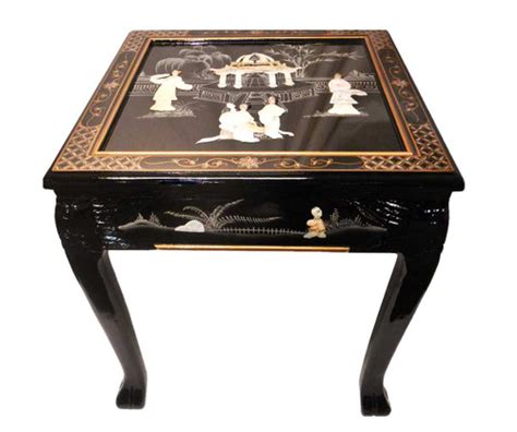 Oriental End Table Inlaid Pearl In Black Lacquer With Dragon Legs And