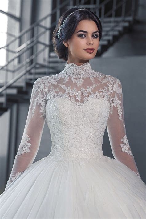 Luxury High Neck Lace Ball Bridal Gown Long Sleeve Sheer Wedding
