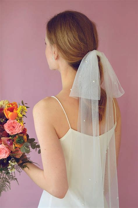Wedding Veil Bow Tulle Bow With Pearls Short Veil Bridal Etsy Short