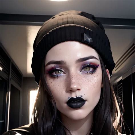 Dopamine Girl Replicate Inspiration Face Freckles Black Lipstick Brunette Black Beanie