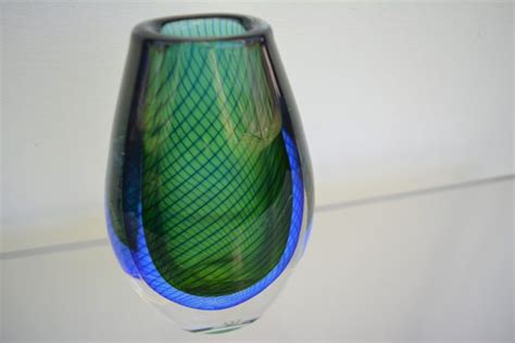 Huge Vicke Lindstrand Art Glass Vase Signed Kosta Boda Vintage Blue Green Netting Vase