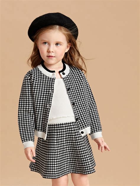 Shein Toddler Girls Houndstooth Pattern Cardigan And Knit Skirt In 2022