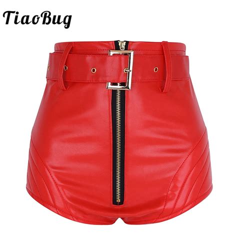 tiaobug women wet look pu leather front zipper high waist booty hot shorts bottoms with belt