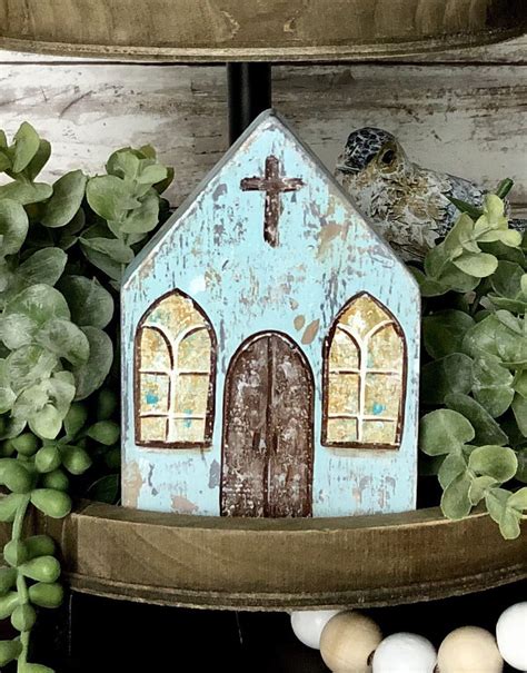 Wood Block Church Painted Church Double Sided Wooden Etsy In 2021