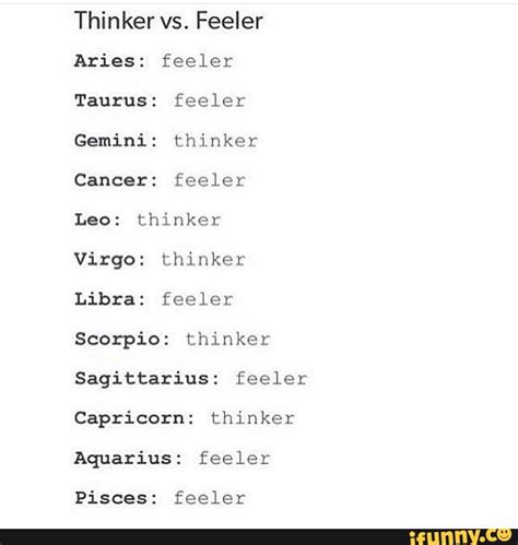 Thinker Vs Feeler Aries Feeler Taurus Feeler Gemini Thinker Cancer