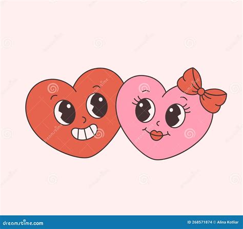 trendy retro cartoon heart characters love couple groovy style