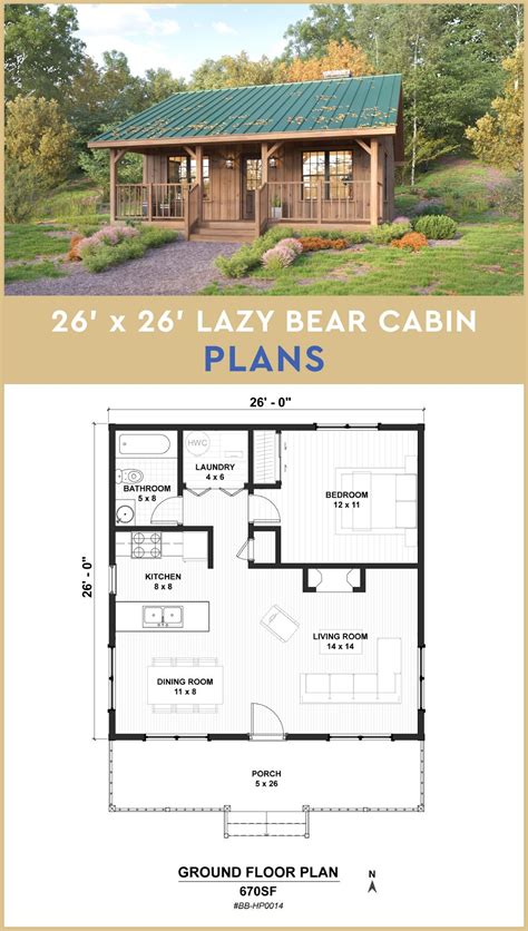 26 X 26 Lazy Bear Cabin Architectural Plans Small 670sf Budget House