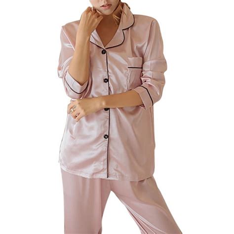 Nituyy Nituyy Women Silk Satin Pajama Set Button Sleepwear Homewear Nightwear