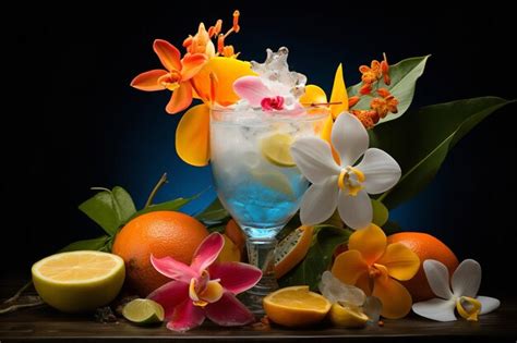 Premium Ai Image Tropical Drink Garnishes Exotic Fruit And Flowers