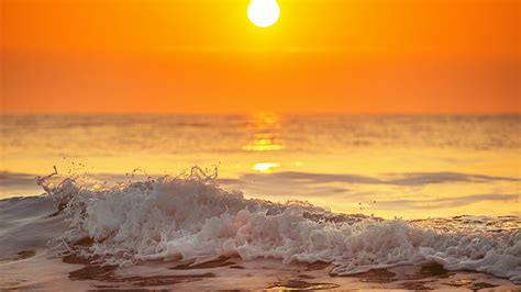 Hd Wallpaper Horizon Sea Sky Orange Sky Sun Wave Ocean Sunrise