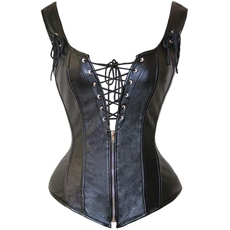 Black Strapped Leather Corset Lace Up Top Sexy Bustier Deep V Neck